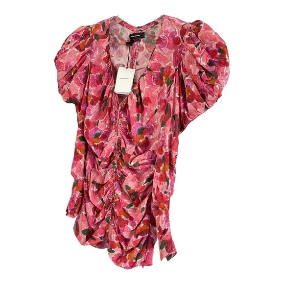 Isabel Marant $945 Floral Puff Sleeve Mirnao Ruched V Neck Top NWT Size 36 US 4 - Picture 8 of 11